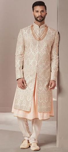 Luxury Off White Sherwani With Dabka Work, Designer Luxury Off White Sherwani, Luxury Designer Off White Sherwani, Luxury White Sherwani With Gota Work, Ivory Sherwani, Zardozi Work, Off White Color, Celebrity Dresses, Silk Fabric