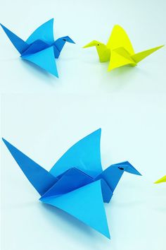 origami birds made out of blue and yellow paper are shown in three different angles