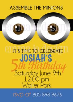 a minions birthday party with an image of two eyes on the front and yellow background