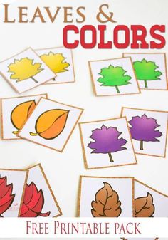 the leaves and colors printable pack is shown on a white surface with text overlay