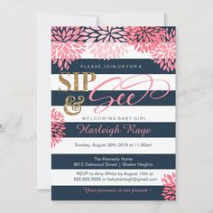 a pink and blue striped baby shower with flowers on the bottom, and gold foil lettering