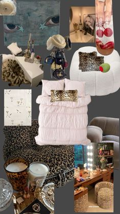 a collage of photos with various items in them including shoes, pillows and blankets