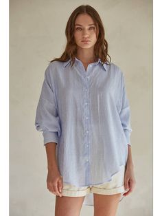 Stay cool and chic this summer with our All Day Shirt in Blue Stripe. Perfect for layering, this relaxed fit button down is the ultimate addition to your wardrobe. Embrace the summer vibes and effortlessly elevate your style. 86% Rayon, 12% Polyester, 2% Nylon Relaxed Button-up Shirt With Rolled Sleeves, Summer Button-up Tops With Button Closure, Light Blue Collared Tops For Summer, Oversized Summer Tops For Everyday, Oversized Everyday Summer Tops, Oversized Tops For Everyday Summer Wear, Casual Summer Collared Blouse, Casual Collared Summer Blouse, Casual Collared Blouse For Summer