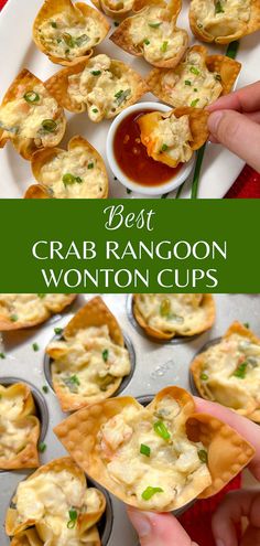 crab rangoon wonton cups with dipping sauce in the middle on a white plate