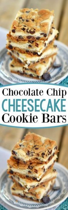 chocolate chip cheesecake cookie bars stacked on top of each other with the title above it