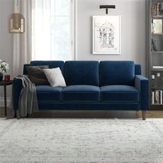 a living room scene with focus on the green couch and rug in the foreground