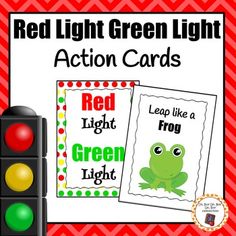 red light green light action cards with a traffic light next to it and an image of a frog