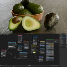 an avocado sitting on top of a table next to a bowl of fruit