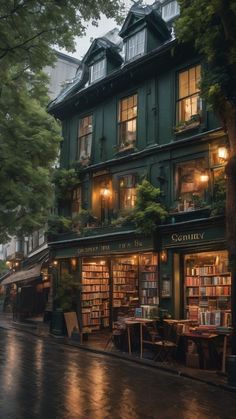 a green building with lots of books on it's windows and tables in front