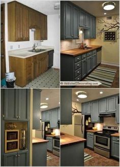 four pictures of different kitchen cabinets in various stages of being painted gray and brown, with the same color