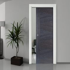 a potted plant sitting next to a door in a room with white walls and flooring