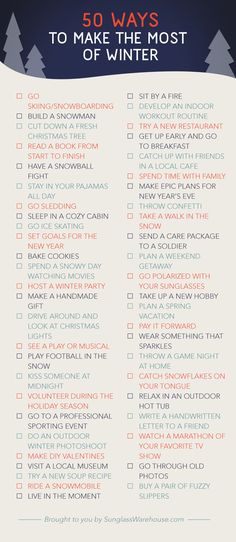 a list with the words 50 ways to make the most of winter written on it