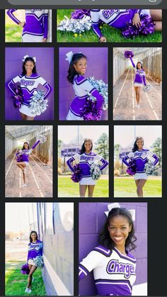 a collage of photos with cheerleaders in purple and white