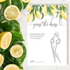 a card with lemons and leaves on it that reads guess the dress draw what you think the bride will wear on her big day