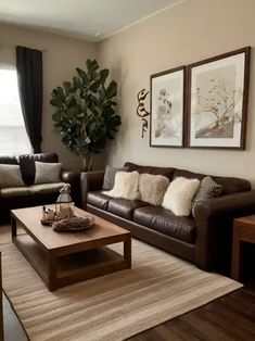 a living room with couches, chairs and a coffee table in front of a window