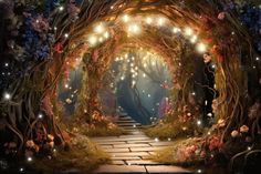 an image of a fairy scene with lights coming from the entrance to a forest path