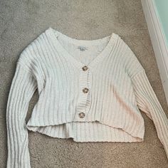 Comes With An Extra Button And Has Never Been Worn. White Sweater With Buttons For Day Out, White Button Sweater For Day Out, White Buttoned Sweater For Day Out, Beige Sweater, White Beige, Shoulder Sweater, White Cream, Cream White, Colorful Sweaters