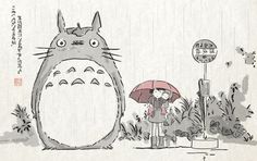 a person holding an umbrella in front of a totoro and another character standing next to it