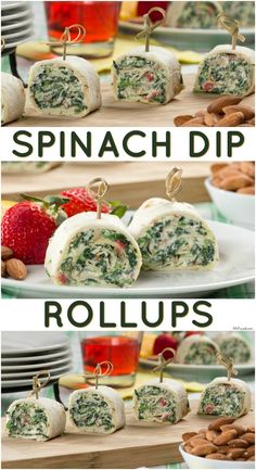 spinach dip rolls on a plate with nuts and strawberries in the background text reads spinach dip rolls roll ups