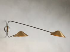 two brass colored lamps hang on the wall