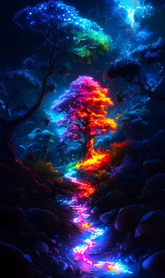 a painting of a colorful tree in the middle of a forest