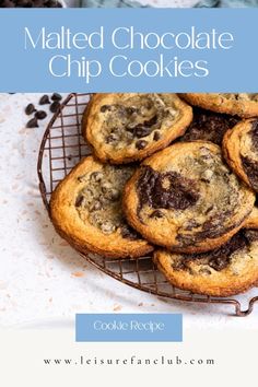 chocolate chip cookies on a cooling rack with text overlay that reads, melted chocolate chip cookies