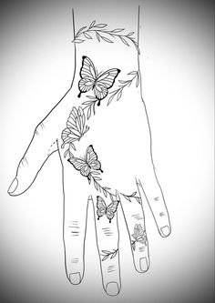 a drawing of a hand with butterflies on it and another hand holding the other hand