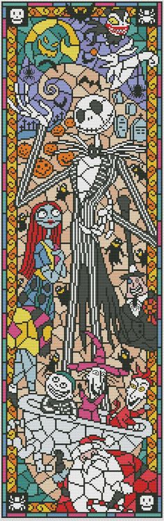 a cross stitch pattern with an image of a skeleton and other characters in the background