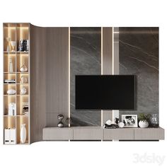 an entertainment center with a large television on it's stand and shelves in front of it