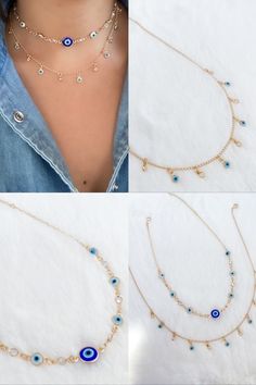 18k Gold filled evil eye choker necklace Style #1: 17 inches or 43cm (adjustable) Style #2: 17.5 inches or 43.5 cm (adjustable) Blue Eye Necklace, Blue Evil Eye Necklace, Evil Eye Choker, Loom Designs, Necklace Evil Eye, Bead Loom Designs, Greek Jewelry, Bead Loom, Blue Evil Eye