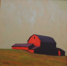 an oil painting of a red barn on a hill