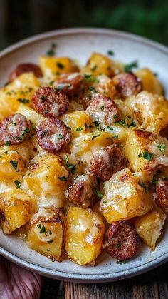 a white plate topped with potatoes covered in cheese and sausages next to a person's hand