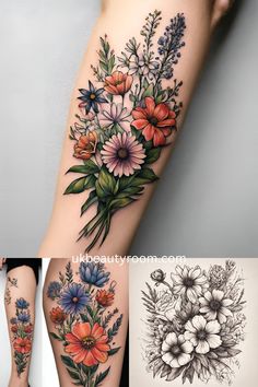 tattoos with flowers and leaves on the legs, both in different colors are shown here