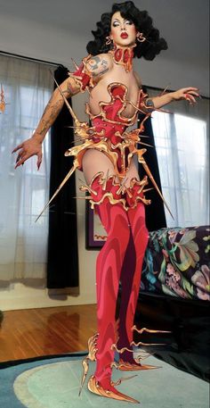 a woman dressed in red and gold is standing on a rug with her arms outstretched