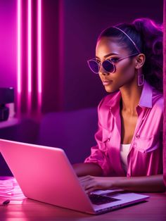 a woman sitting at a table with a laptop computer in front of her and wearing sunglasses