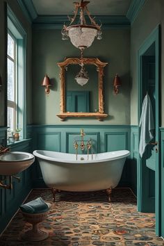 a bathroom with green walls and a white bathtub in the middle of the room