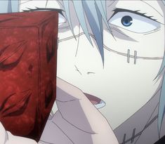 an anime character holding a red object in front of his face and looking at the camera