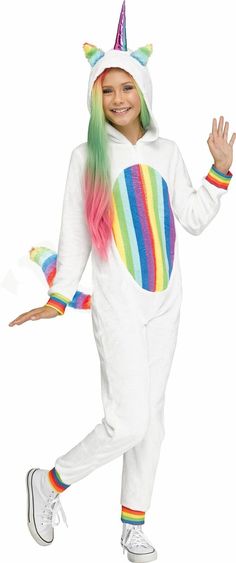 Rainbow Unicorn Child Girls Costume NEW Hooded Jumpsuit Rainbow Unicorn Child Girls Costume NEW Hooded Jumpsuit Up for sale is the child costume Rainbow Unicorn. The costume is available in the following sizes when in stock:a USA Size Medium (8-10), a USA Size Large (12-14), and a USA Size XL (14-16). The costume includes the hooded jumpsuit with front zipper and tail.  Shoes and wig are NOT included. It is new in the package. Costume Rainbow, Magical Halloween, Hooded Jumpsuit, Wonderland Costumes, Unicorn Costume, Fun World, Theatre Costumes, Girl Rainbow, Rainbow Unicorn