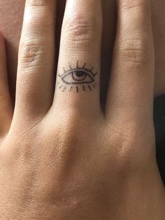 a woman's hand with a small tattoo on the middle finger and an eye