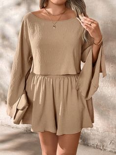 2pcs Plus Size Vacation Casual Solid Off-Shoulder Top And Shorts Set Khaki Casual    Plain  Non-Stretch  Women Plus Clothing, size features are:Bust: ,Length: ,Sleeve Length: Big Hair Bands, Split Dress Thigh, Boho Halloween, Drop Shoulder Tee, Short Pj Set, Retro Hairstyles, Cosplay Dress, Off Shoulder Tops, Shorts Set