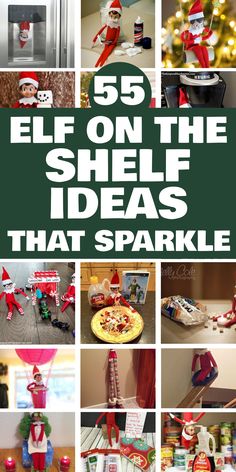 55 Elf on the Shelf ideas arranged in a collage to inspire festive holiday setups. Elf On The Shelf Mischief, Simple Elf On The Shelf, Marshmallow Snowman, Printable Box, Unique Christmas Decorations, Hiding Spots, Christmas Door Decorations, Holiday Drinks