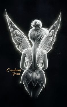 a drawing of a fairy sitting on top of a black background with the words creations of luna