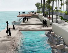 an artist's rendering of people walking on a pier next to the ocean and palm trees