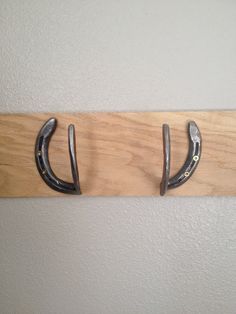 two horseshoes mounted to a wooden board on the wall