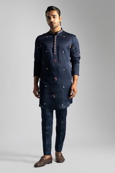 Navy blue kurta featuring multicolour thread embroidered tulip and floral motifs. Comes with pant. - Aza Fashions Blue Cotton Silk Kurta With Embroidered Border, Blue Embroidered Cotton Silk Kurta, Festive Tonal Embroidery Sets For Eid, Festive Sets With Tonal Embroidery For Eid, Indigo Kurta With Floral Embroidery For Eid, Designer Blue Kurta With Intricate Embroidery, Embroidered Indigo Kurta For Transitional Season, Indigo Floral Embroidered Kurta For Eid, Blue Silk Kurta With Floral Embroidery