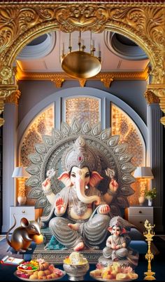 an elephant statue sitting on top of a table next to other foods and decorations in front of a doorway