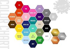 the color chart is shown with different colors in each hexagonal shape, including red, purple, yellow, and green