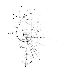 an abstract drawing with lines and dots in the shape of a circle on a white background