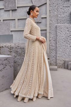 Nidhika Shekhar | Beige Golden Maharani Lehenga Set | INDIASPOPUP.COM Golden Lehenga, Pakistani Wedding Outfits, Pakistani Fancy Dresses, Desi Clothes, Indian Bridal Fashion, Pakistani Bridal Dresses, Pakistani Bridal Wear, Designer Dresses Casual, Stylish Dress Book