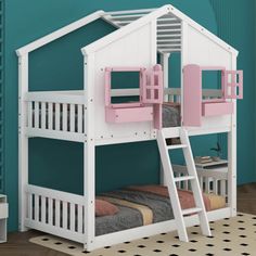 a child's bedroom with a bunk bed and pink ladder to the upper level